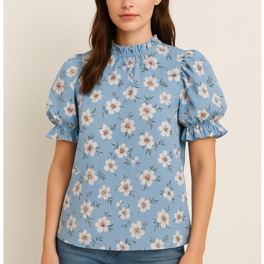 Boutique style ruffled Sleeve Blue Floral Puff-Sleeve Blouse cottage core Small